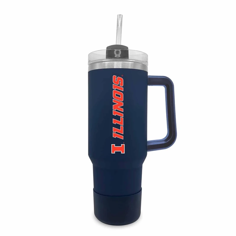 Campus Colors College & University 40 oz Travel Tumbler With Handle - Dual Option Lid With Straw - Vacuum Insulated Stainless Steel (Illinois Fighting Illini - Navy)