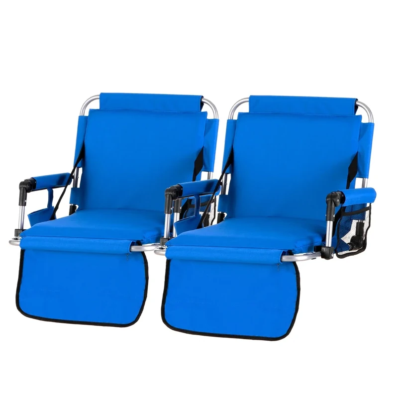GREEN PARTY Stadium Seats for Bleachers 2 Pack Portable Outdoor Floor Folding Stadium Chair with Armrest, Back Support, Cup Holder, Mesh Bag and Hide Hooks, Blue