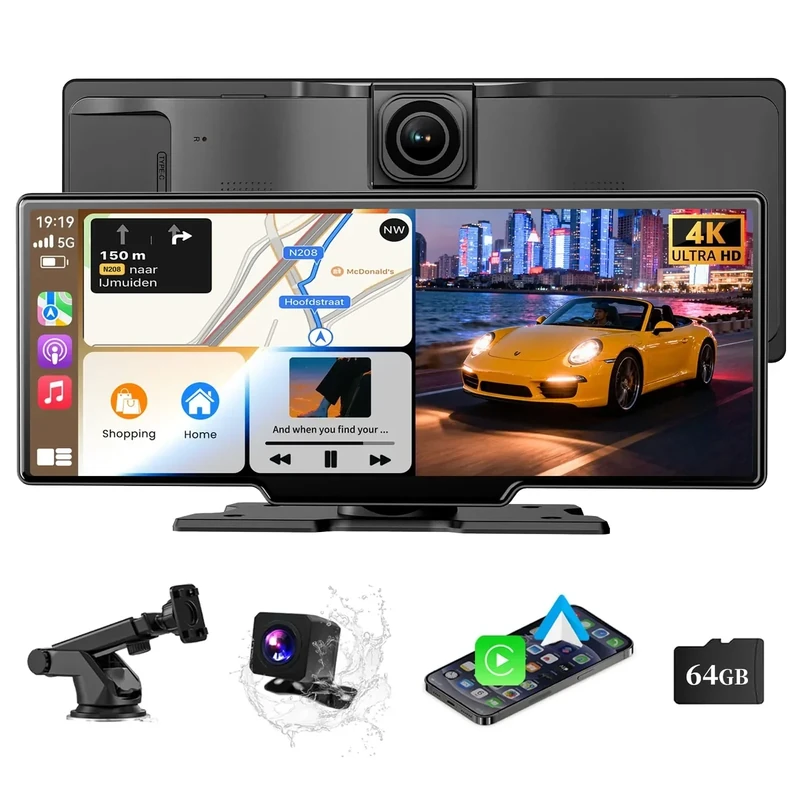 Wireless A pple Carplay Screen,10.26"Portable Car play & Android Auto Touch Screen, Bluetooth Double Din Car Stereo with 4K Dash Cam,Backup Camera/Mirror Link/Voice Control/GPS/AUX/FM for All Vehicles