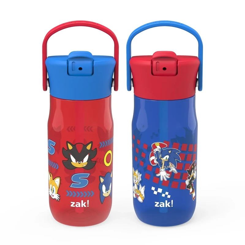 Zak Designs Harmony Sonic the Hedgehog Water Bottle for Travel or At Home, 18oz Plastic is Leak-Proof When Closed with Straw Lid and Carry Handle, 2-Pack (Sonic, Tails, Shadow)