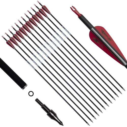 e5e10 31inch Carbon Arrow Archery Targeting Practice Hunting Arrows for Compound & Recurve Bow with Removable Tips(Pack of 12) (Red White New)