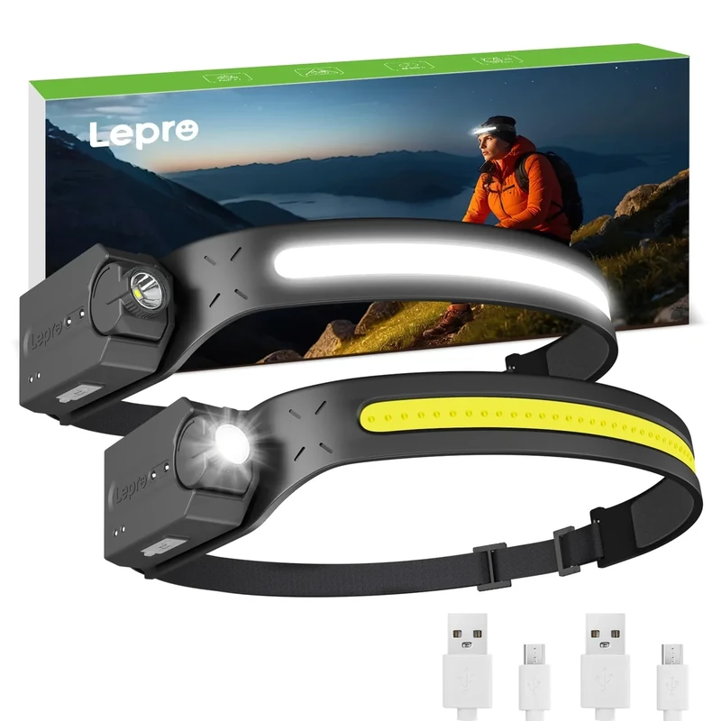 Lepro LED Headlamp Rechargeable - 230 Wide Beam, Motion Sensor, 2 Pack