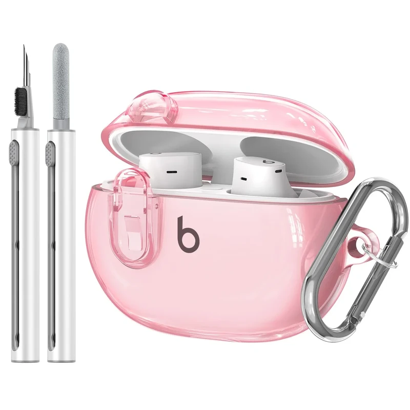 Compatible with Beats Studio Buds/Studio Buds Plus Case Cover Clear 2021/2023 Men Lock Clip with Cleaner Kit, Protective Cover for New Beats Studio Buds + Wireless Earbuds Case with Keychain, Pink