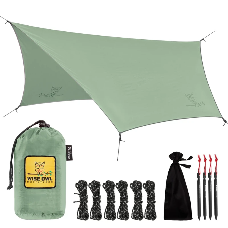 Wise Owl Outfitters Hammock Rain Fly – Waterproof Camping Tarp Cover with Tent Stakes & Carry Bag, Ultralight Shelter for Backpacking & Outdoor Shade
