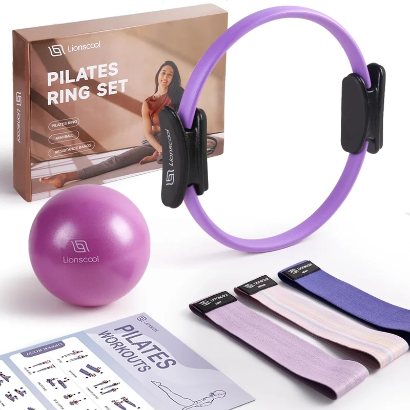 LIONSCOOL Pilates Ring Set (Purple) - 14" Pilates Ring, 9" Pilates Mini Ball and Three Fabric Resistance Bands Included
