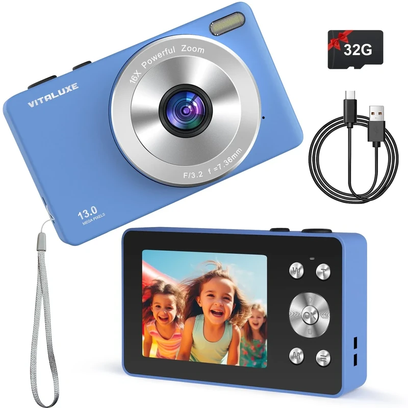 Digital Camera, 4K FHD Vintage Camera for Kids, Real 13MP 16x Zoom Autofocus, 2.83'' LCD Screen, Long Lasting, Compact Small Cameras with 32G Card, Best Gift for Kids, Teens, Girl, Boy and Beginngers