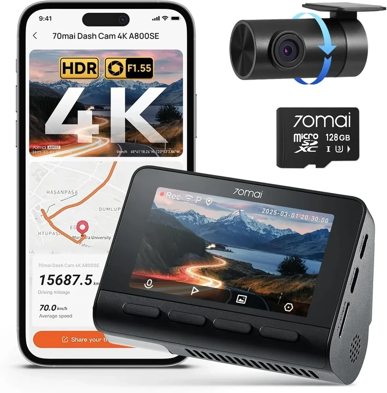70mai A800SE 4K Dash Cam - Wi-Fi 6, GPS, 3" IPS, 128GB Card