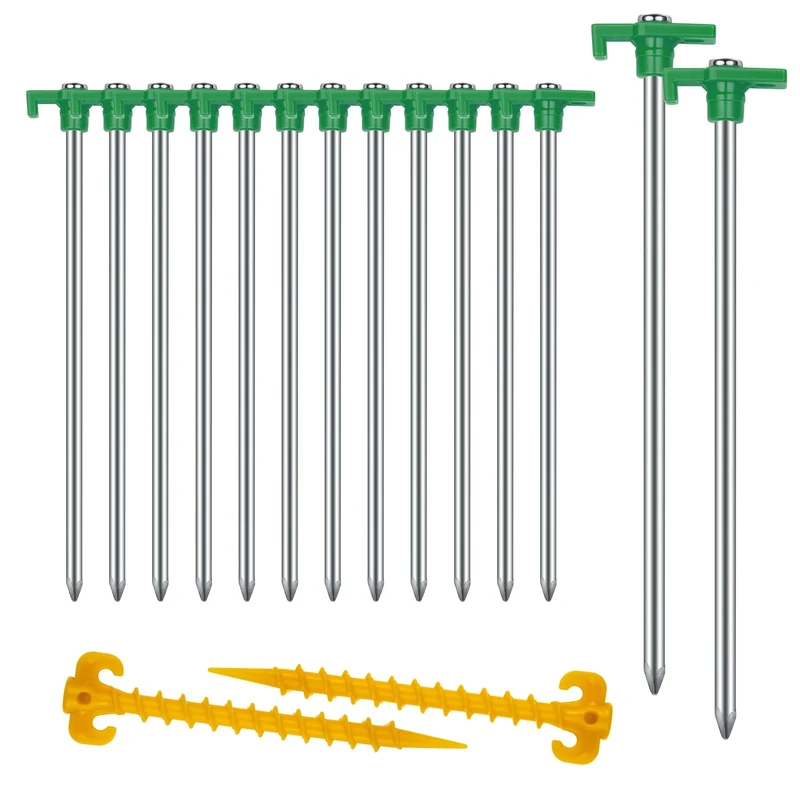 Tent Stakes Heavy Duty Camping Stakes,AVOFOREST 9.8inch Non-Rust Metal Tent Pegs Ground Stakes Tent Spikes Camping,Garden,Hiking Green(Green 12+2pcs, 10 in)