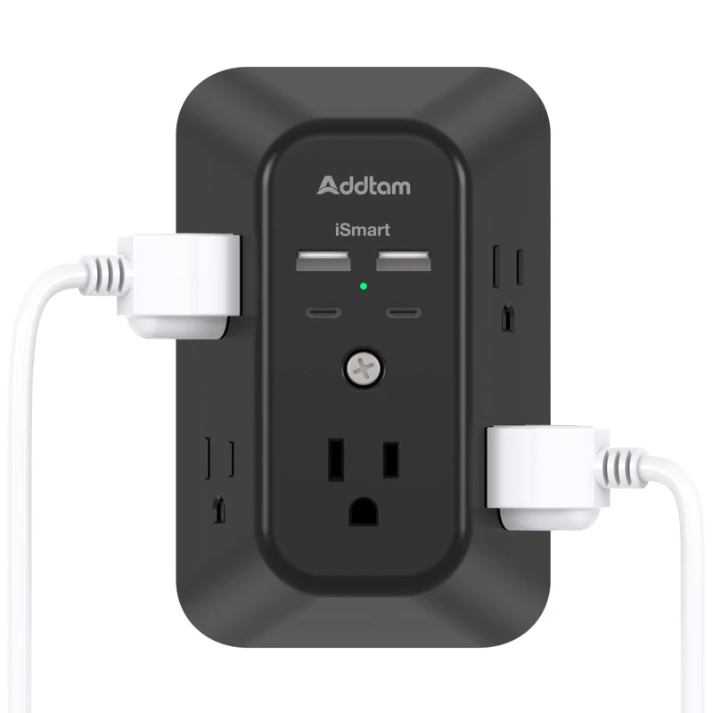 Surge Protector Outlet Extender - Addtam 5-Outlet Splitter with 4 USB Wall Charger(2 USB-C Ports), Multi Plug Outlet Power Strip for Home, Dorm Room Essentials, Black