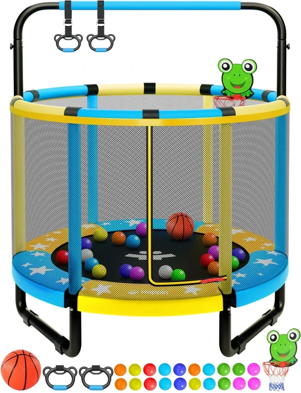 Happin® 55'' Toddler Trampoline for Kids Indoor & Outdoor, 5FT Kids Trampoline Indoor, Ages 1-8, Ultra Safe Toddler Gym with Safety Enclosure Net with Basketball Hoop, for Boys & Girls