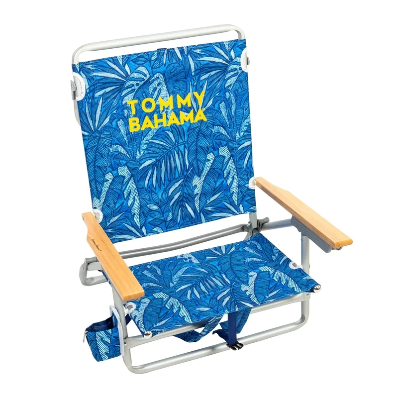 Tommy Bahama 5-Position Classic Lay Flat Backpack Beach Chair with Cooler and Cup Holder, Portable Folding Beach Chair for Tanning, Blue Tropical Leaves