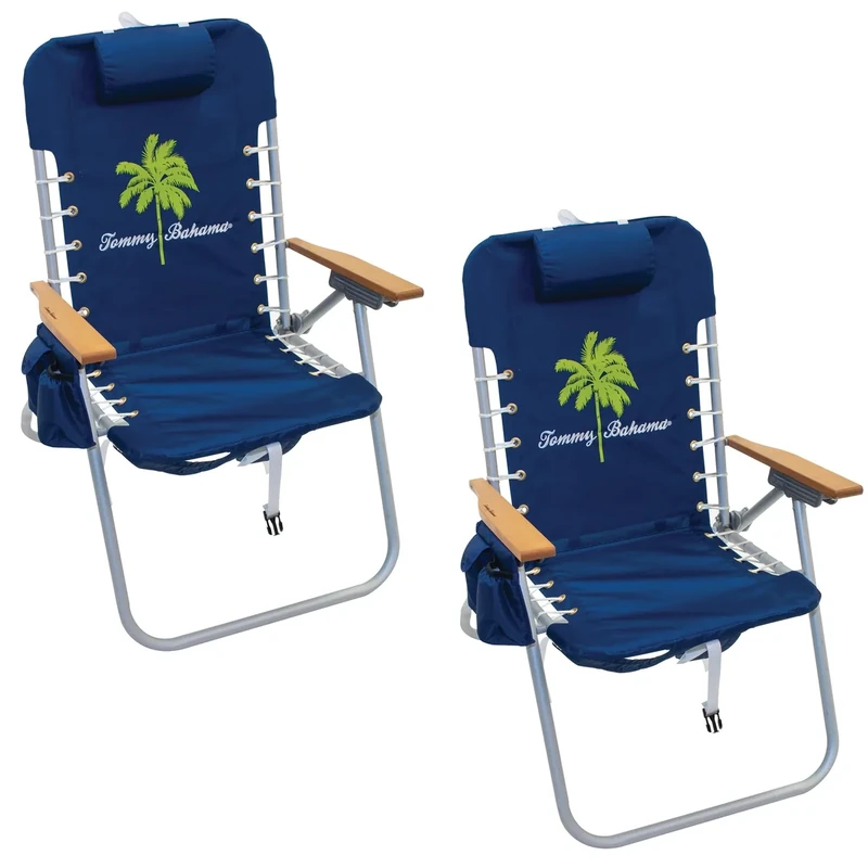 Tommy Bahama 2-Pack Hi-Boy 17" Seat Height 4-Position Lace-Up Suspension Folding Beach Backpack Chair, Navy Palm Tree