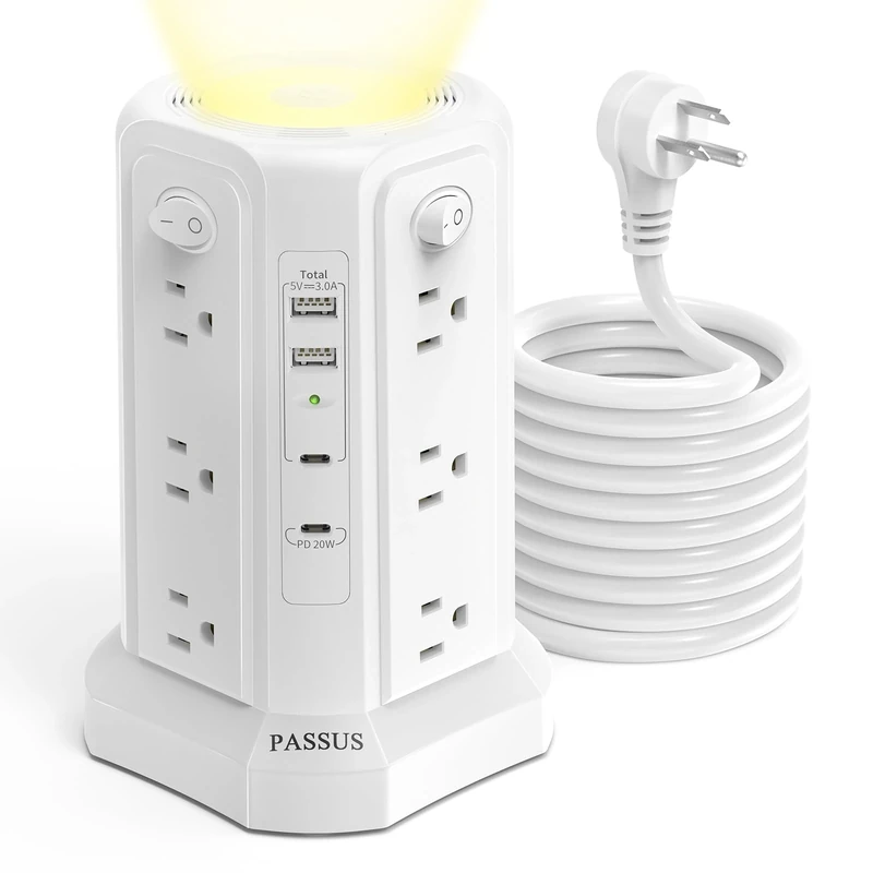 PASSUS 16FT Power Strip Tower - PD20W USB-C, 4 USB Ports, Night Light