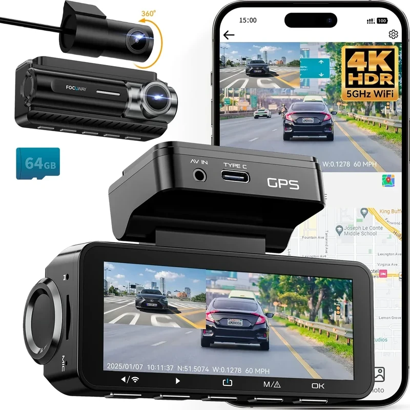 FocuWay Dual Dash Cam 4K Front & Rear - 3.39" IPS, 5G WiFi GPS, 64GB Card
