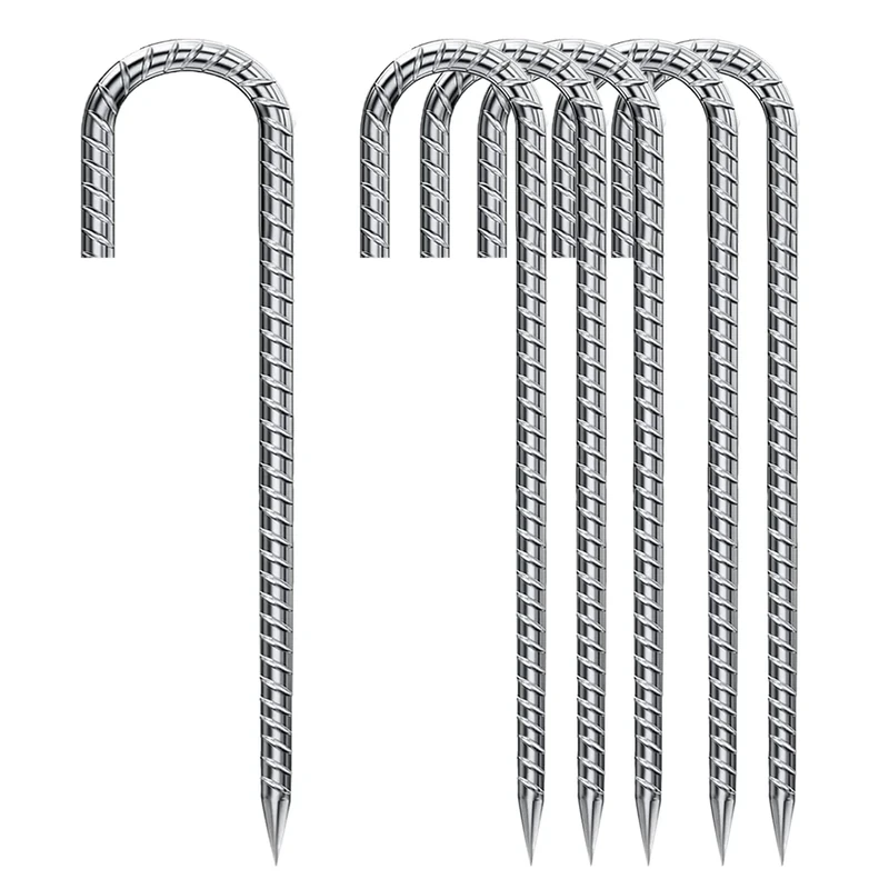 Rebar-Stakes-12-Inch, Ground Stakes Heavy Duty for High Winds Galvanized Anti-Rust J Hook 6pcs Metal Stakes for Ground Heavy Duty Ground Anchors for Garden Dog Fence Chicken Coop Water Pipe