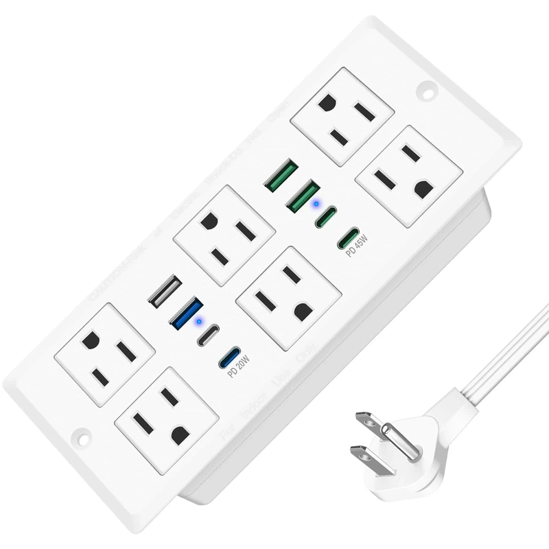 Recessed Power Strip with 45W USB C, Furniture Desk Flush Mount Outlet, Ultra Thin Flat Plug Power Strip, 6 Outlets & 8 USB Ports, 10FT Cord (White)
