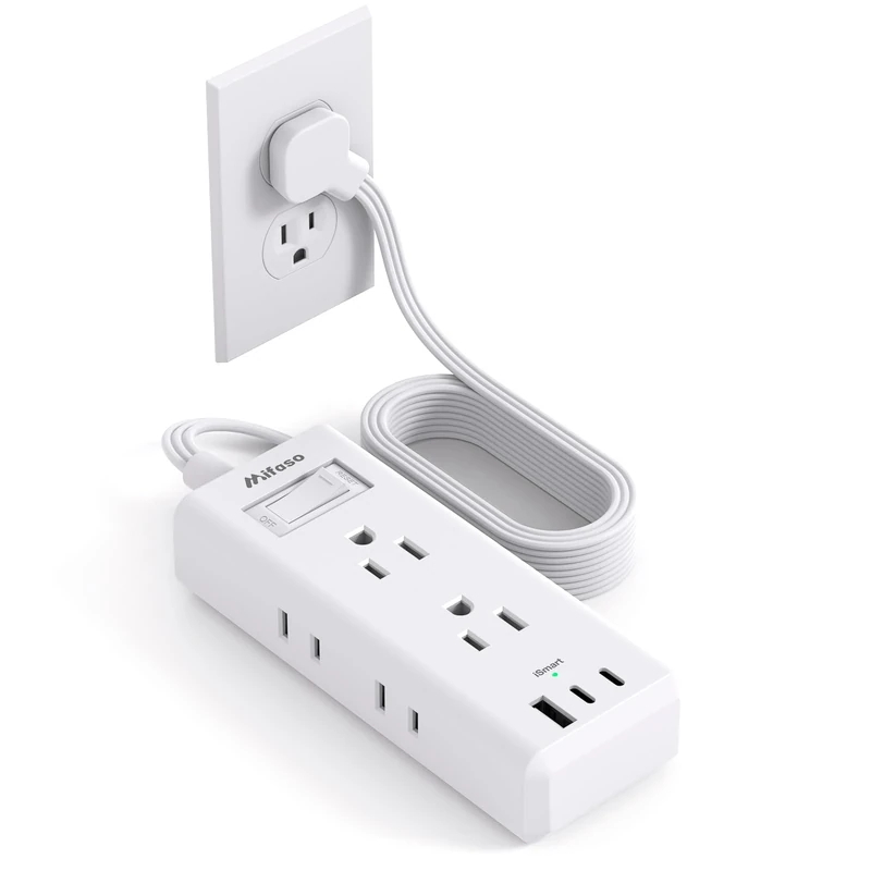 Flat Plug Extension Cord, 10ft Ultra Thin Flat Power Strip - 6 Outlets 3 USB Ports (2 USB C) 3 Side Outlet Extender, Power Strip with No Surge Protection for Cruise, Travel, Dorm Essentials