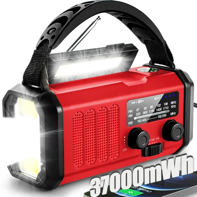 QAUYYW Weather Radio - 37000mWh Battery, Crank, Solar, SOS Flashlight