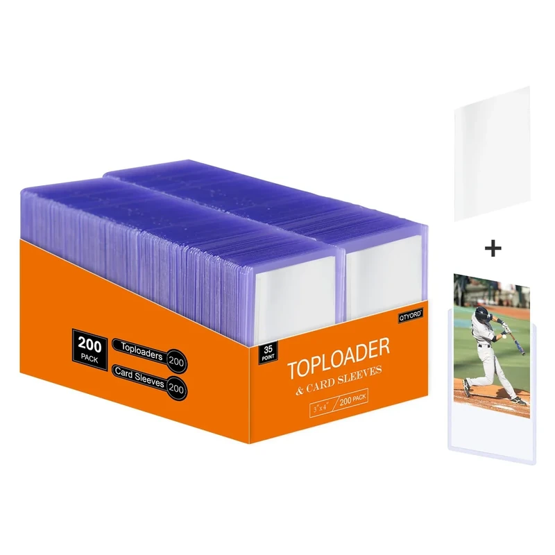 QTYORD 400Pcs Loaders for Cards (200Pcs Hard Plastic Card Holders & 200Pcs Penny Card Sleeves) 3" x 4" Card Protector Sleeves for Baseball Football Sports Cards, Standard Trading Cards