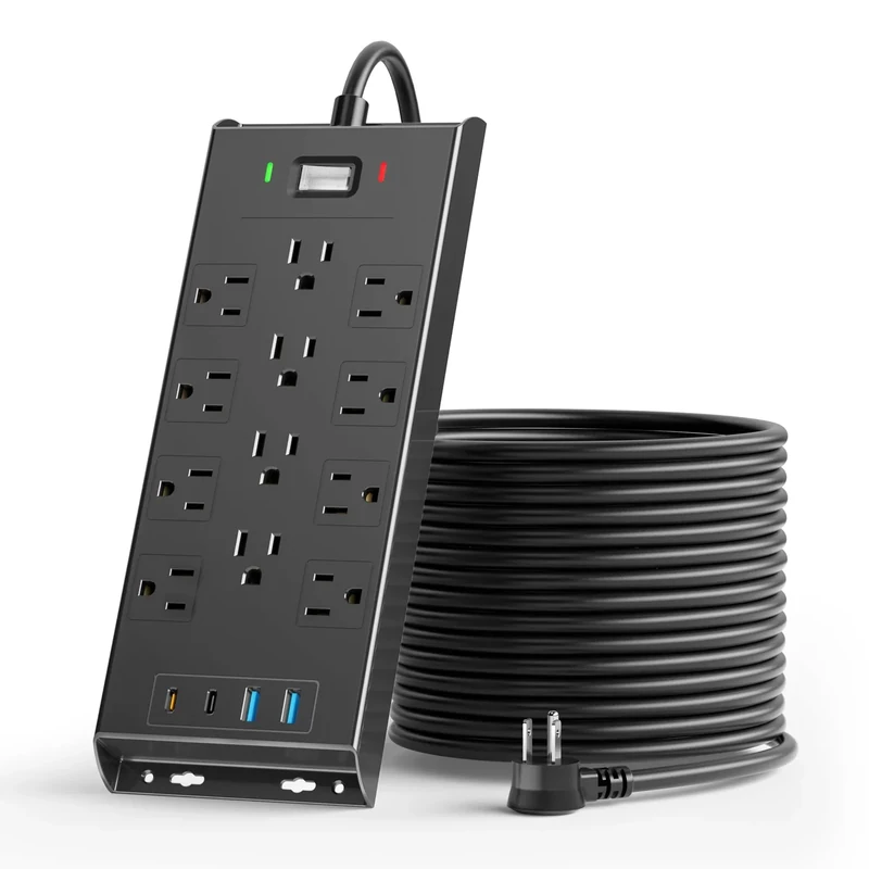 4800J Surge Protector Power Strip, LeZone 10Ft Extension Cord Flat Plug, 12 Outlets 2 USB C 2 USB Ports, Wall Mountable, PD20W Desk Charging Station, Black - Image 1