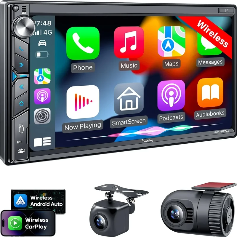 SJOYBRING 7" - Wireless CarPlay & Android Auto, 60W*4, Backup Cam