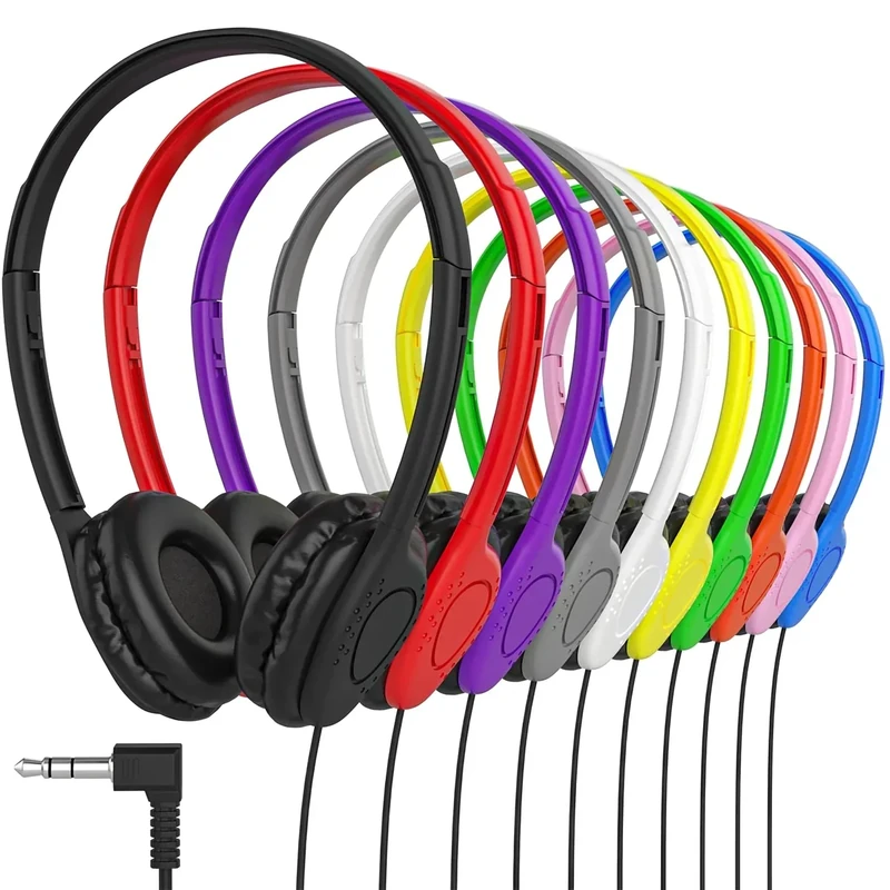 Maeline Bulk Classroom Student Headphones On Ear Stereo Headphones Adjustable Band & Faux Leather Cushions for Kids Online Learning, Library, School, Travel - 3.5mm Plug - 300 Pack - Multi Colors