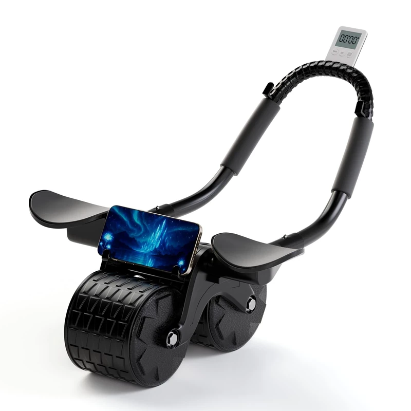 2025 New Tixahi Ab Roller Wheel with Timer & Knee Mat, Home Workout Auto Rebound Abdominal Wheel with Elbow Support - Core Workout Equipment for Strengthening Abs, Home Gym Exercise for Women & Men (Black)