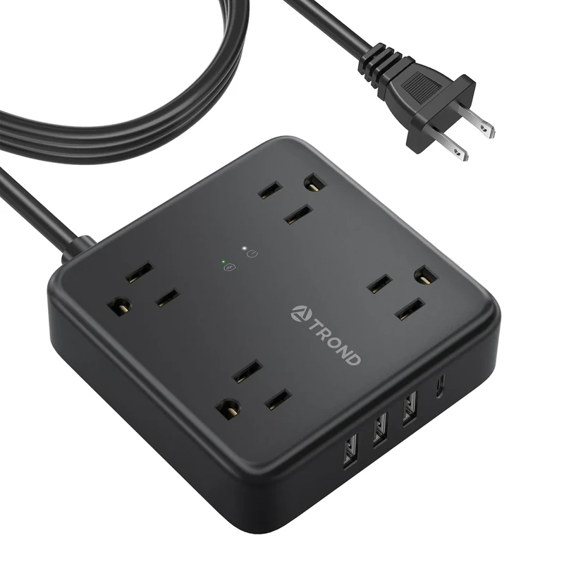 TROND 2 Prong Power Strip: 1440J Surge Protector, 10ft Extension Cord with Multiple AC Outlets & USB Ports, Wall Mount Adapter for Non-Grounded Plug, Black