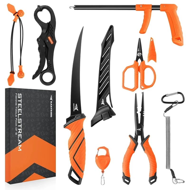 KastKing SteelStream 8pc Fishing Tool Kit - Fishing Pliers with Lanyard, Fillet Knife, Floating Fish Lip Gripper, Fishing Braid Scissors, Tool Retractor, Fishing Hook Remover, Bungee Cords