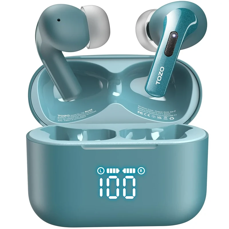 TOZO T20 Earbuds - 48.5h Playtime, IPX8 Waterproof, Dual Mic - Green