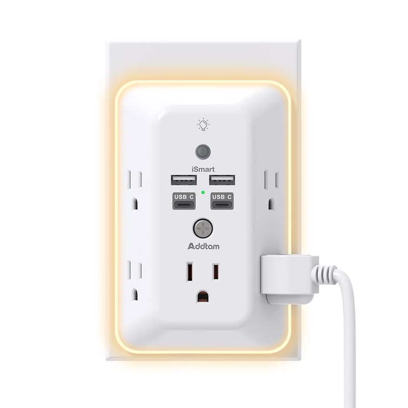 Addtam 9-in-1 Surge Protector - 5 Outlets, 4 USB (2 C), Night Light