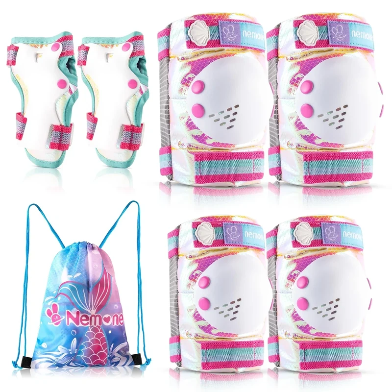 NEMONE Mermaid Knee Pads for Kids, Girls Boys Knee Elbow Pads Wrist Guards with Drawstring Bag, Adjustable Reflective Protective Gear Set for Roller Skates Bike Cycling Skateboard Scooter