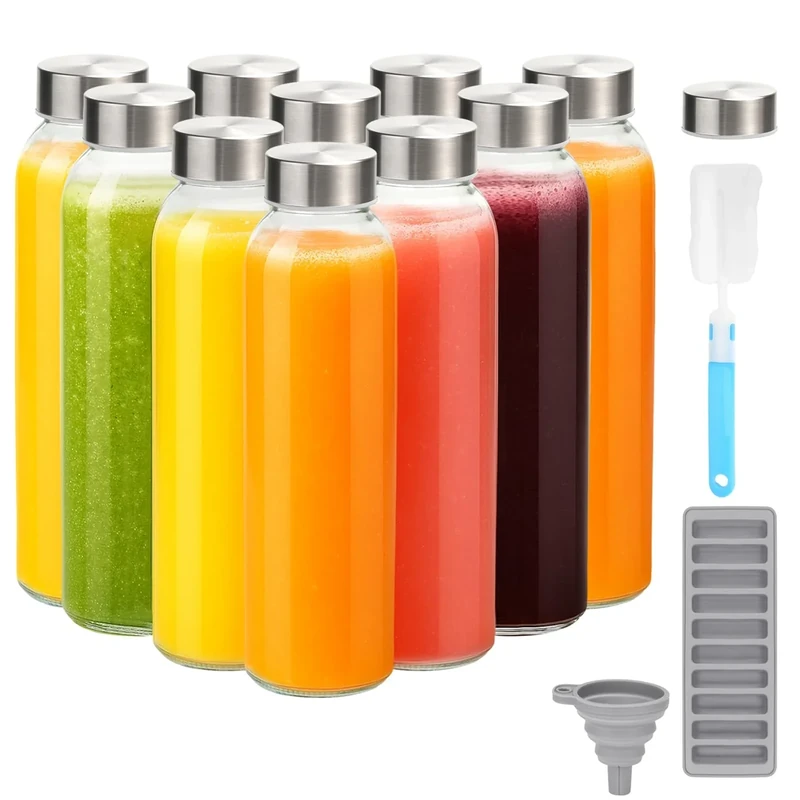 Zukro Glass Water Bottles with Lids 18 oz, 10 Pack Reusable Juice Bottles With Stainless Steel Airtight Cap for Juicing, Leak Proof Clear Drinking Jar Beverage storage container for Fridge, BPA Free