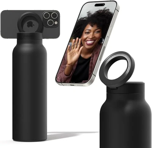 Ringo Insulated Water Bottle | Compatible MagSafe With Phone Holder | Stainless Steel Water Bottle With Magnetic Phone Tripod Mount | Hot for 12H, Cold for 24H, 360° Rotate - Black 24oz - Image 1