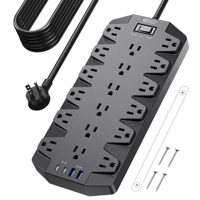 SUPERDANNY 18-Outlet Power Strip with 4 USB Ports, 15ft, 2100J Surge
