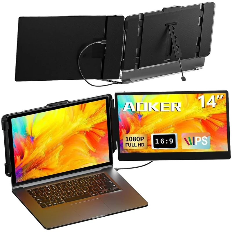 AOKER Laptop Screen Extender Monitor - 14 Inch Portable IPS FHD 1080P HDMI/USB-A/Type-C Dual Extended Monitor for Laptops (Maximum Length: 15.94") Compatible with Windows Mac Travel Gaming Work