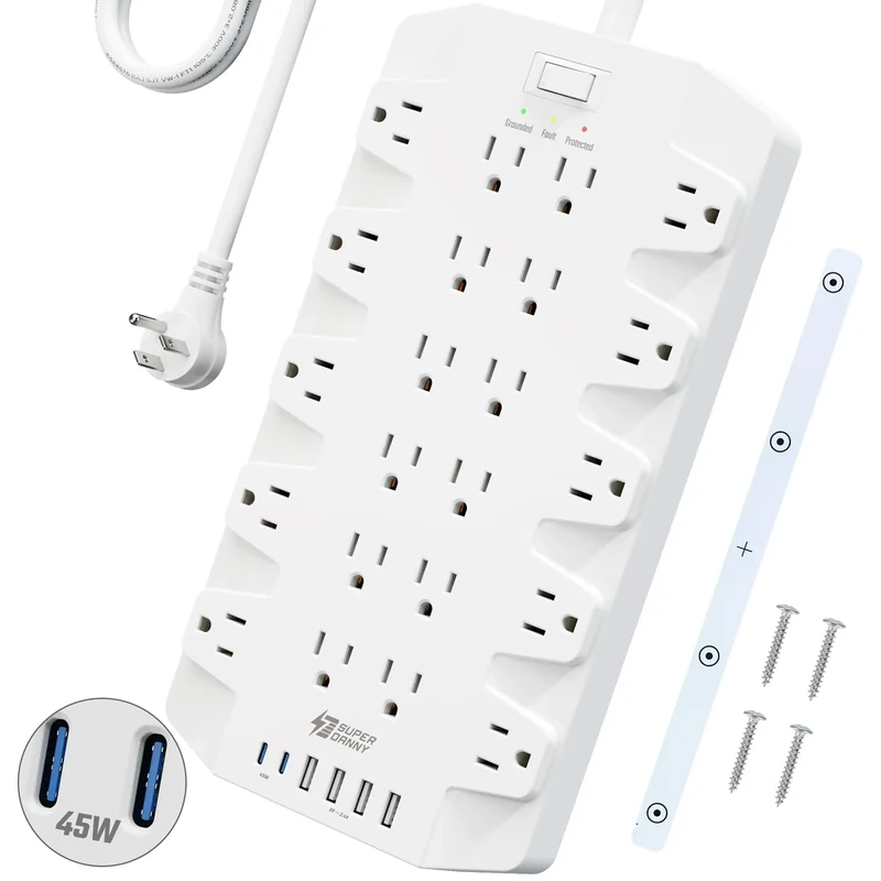 45W Power Strip Surge Protector with PD USB-C, SUPERDANNY 1875W/15A, 2100J, 6.5ft Flat Plug Mountable Extension Cord with 22 Outlet+6 USB Port, Fast Charging for Home,Office,Dorm,Gaming,PC,Streaming