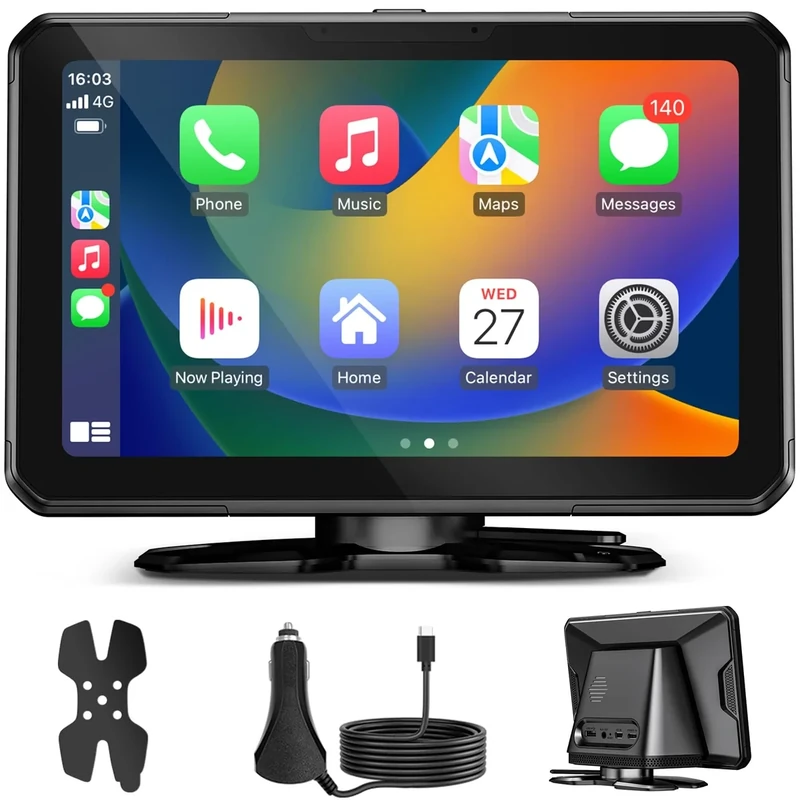 Portable Apple Carplay Screen for Car, 7" HD Car Stereo Touchscreen with Wireless CarPlay & Android Auto, Mirror Link, Bluetooth, Voice Control, AUX, Supports Memory Cards and USB Flash Drives