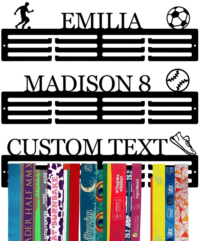 Tegik Personalized Medal Hanger Display with Trophy Shelf, Custom Medal Holder with Name and Sports, Baseball, Dance, Football, Gymnastics, Karate, Running, Soccer