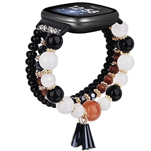MOFREE Bracelet Compatible with Fitbit Versa/Sense Bands, Handmade Fashion Elastic Beaded Strap Replacement for Women - Black