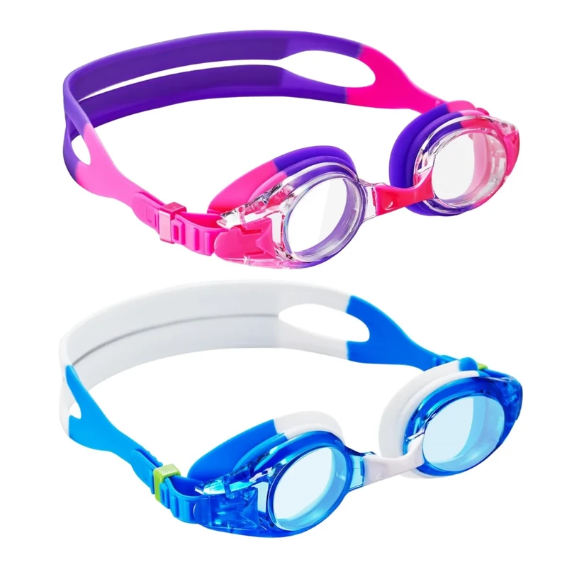 Aegend 2 Pack Kids Goggles, Swimming Goggles for Kids Age 4-16 Boys and Girls Youth, Anti-Fog Pool Goggles, Pink Purple & Blue-white