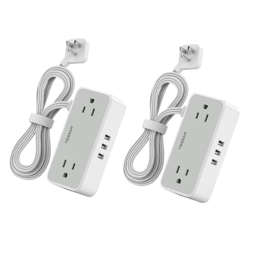 TESSAN 10FT Surge Protector 4 Outlets + 3 USB Flat Plug, 2 Pack
