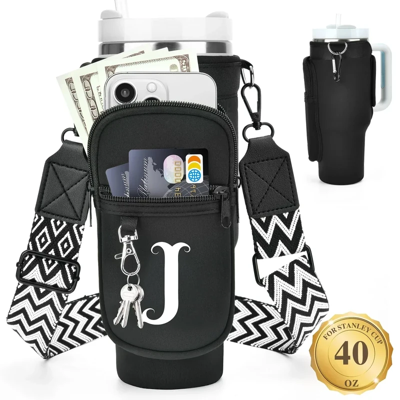 LOKASS Personalized Water Bottle Holder with Strap for Stanley Cup Accessories 40 oz Tumbler, Initial Water Bottle Carrier Bag/Phone Pocket, Mother's Day/Birthday Gifts for Women/Girls