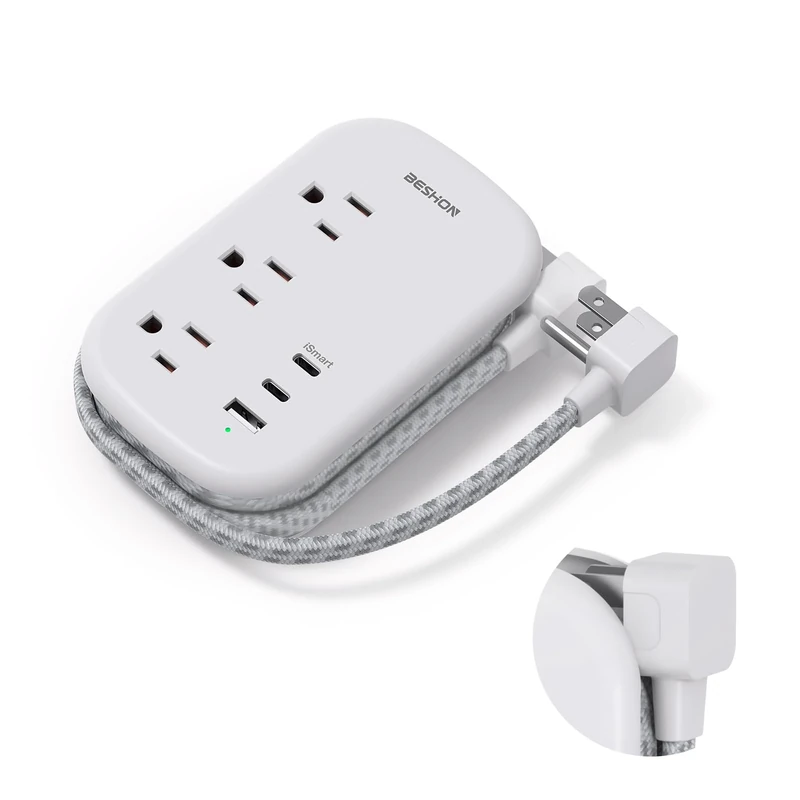 BESHON Flat USB C Power Strip - 3 Outlets, 3 USB Ports, 3.2ft Cord