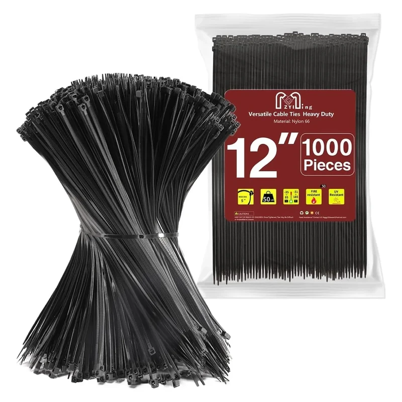 Zip Ties 1000pcs Black Cable Zip Ties 12 Inch Heavy Duty Plastic Wire Ties with 50lbs Tensile Strength Self-Locking Black Nylon Ties Wraps for Indoor and Outdoor Home Office