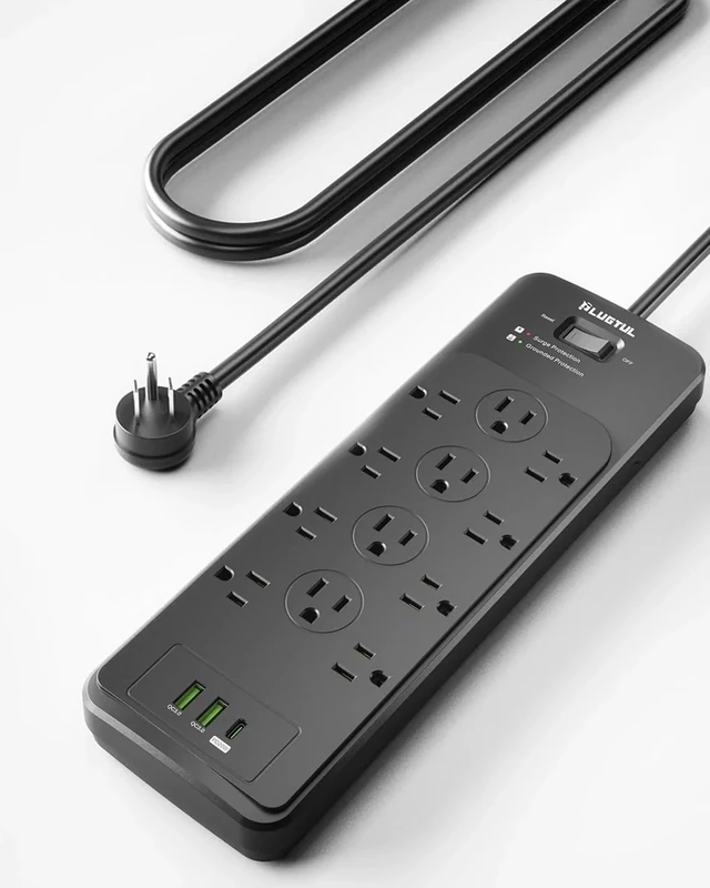 Surge Protector Power Strip 10FT(4080J), PLUGTUL Surge Protector with 12 Outlets - Spacious Design for Large Plugs, Flat Plug, 20W USB C Charging for Home, Office, ETL Listed