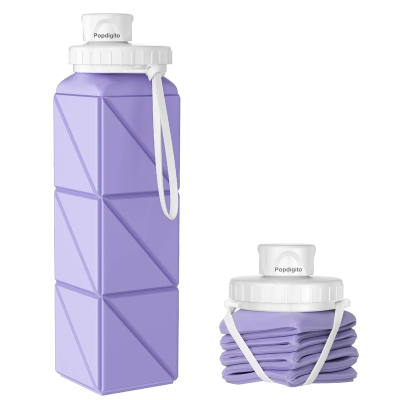 Popdigito Collapsible Water Bottles,BPA-Free Leak-Proof Silicone Foldable Water Bottle Cup 20.6oz,Durable Lightweight Bottle for Gym Travel Camping Hiking Running (Light Purple)
