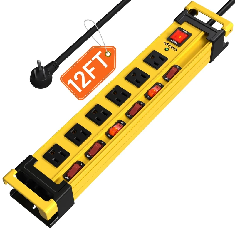 Power Strip Surge Protector 2700J with Individual Switches and Flat Plug, 12FT Heavy Duty Cord 6 Wide Spaced Outlet Mountable Metal Power Strips with Cord Manager and Hanger