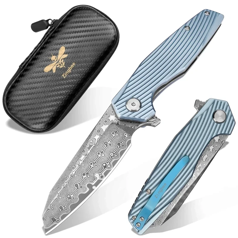 Zingbee Damascus Pocket Knife 3.46" Damascus Steel Blade EDC Pocket Knives & Folding Knives for Men Women Blue Non-Slip Handle