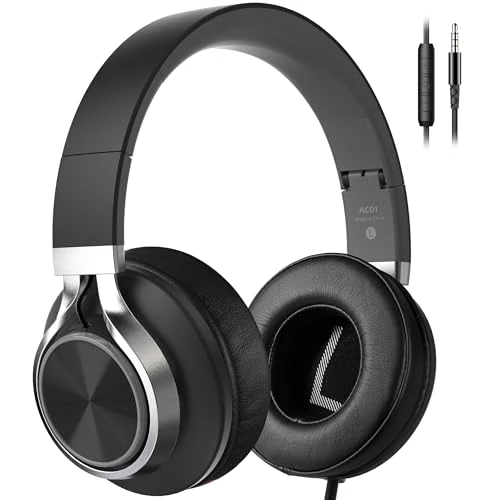 COOSII Wired Headphones with Mic Volume Control, Foldable - Black